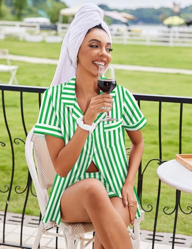 Image of Ekouaer Silk Pajamas for Women Button Down Sleepwear 2 Piece Pjs Shorts Set | Classic Short Sleeve Notch Neck Lounge Set with Pockets,Soft Cute Pj Set,Bridal Gifts,Pajama Party,Maternity Outfits