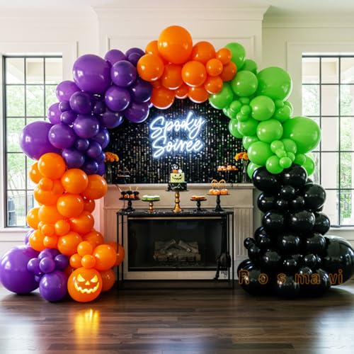 Halloween Balloon Arch Kit – 146pcs Orange Black Green Purple Balloons Garland for Halloween Decorations, Party Backdrop, Birthday Celebration, Spooky Haunted House, Trick or Treat Party Supplies