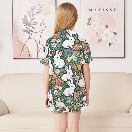 ALAZA Cute White Rabbit Floral Pajamas Satin Pajama Set Short Sleeve Button Down Sleepwear4