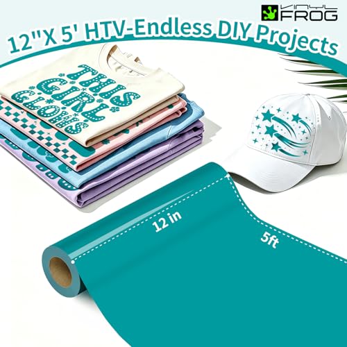 Image of VINYL FROG Teal Heat Transfer Vinyl Roll 12 inch x5ft Matte HTV Vinyl | Aqua Iron on Vinyl for T-Shirts, Stretchy & Machine Washable Heat Press Vinyl for DIY Craft Designs