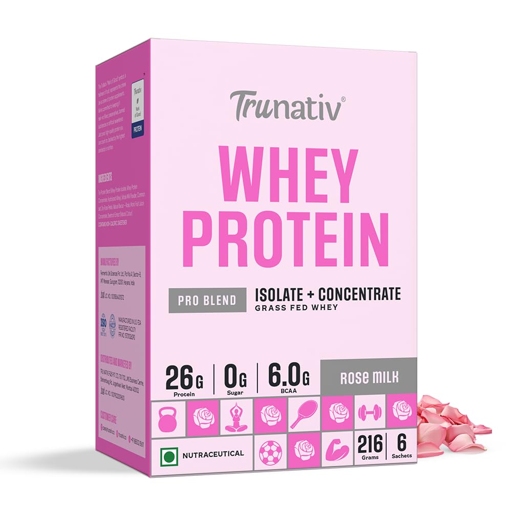 Trunativ Pro Blend Whey Protein Powder Isolate & Concentrate | 100% Light & Clean Protein Powder | 26g Protein | 6g BCAA | 12.52g EAA | No added sugar | Rose Milk | 216g