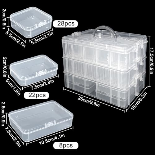 Image of Egaageoi 3-Tier Stackable Bead Organizer with Portable Handle and Labels | Bead Storage with 58 Small Clear Containers with Lids for Craft Supplies, Jewelry Making, Diamond Painting, Nail Art Supplies