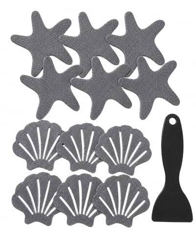 YIPFEN Pegatinas Antideslizantes Bañera y Ducha, 18 Uds. Gris (Estrella, Concha, Ola), para Seguridad Infantil y Adultos, Prevención de Caídas + Espátula.