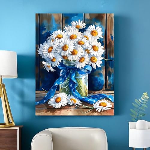 Image of MjhRcll Daisy Stamped Cross Stitch Kits, Flowers Cross Stitch Ornament Kits for Adults Beginners, Counted Embroidery Needlepoint Kits Home Decor 12x16 Inch