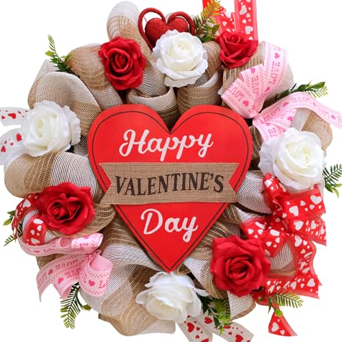 Egolot 16 Inch Valentine's Day Decorative Wreath - Red and White Roses, Heart Ribbon, Burlap Mesh for Front Door