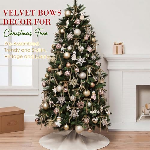 Image of 24 PCS Velvet Bows Christmas Ornaments Decorations, Sparkly Glittery Gold Brown Velvet Christmas Tree Bows Decor, Unique Vintage Elegant Xmas Home Holiday Decor for Tree Mantle Wreath Gift Wrapping