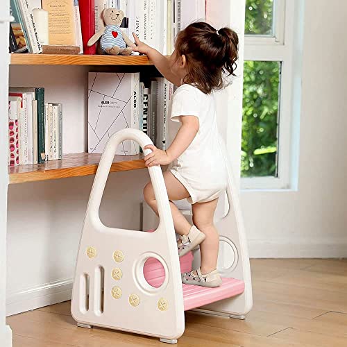 TOMVAES Toddler Step Stool for Kids Two Step Standing Tower for Kitchen Counter, Bathroom Sink & Toilet Potty Training, Children Step Ladder Learning Helper with Handles and Safety Non-Slip Pads Pink