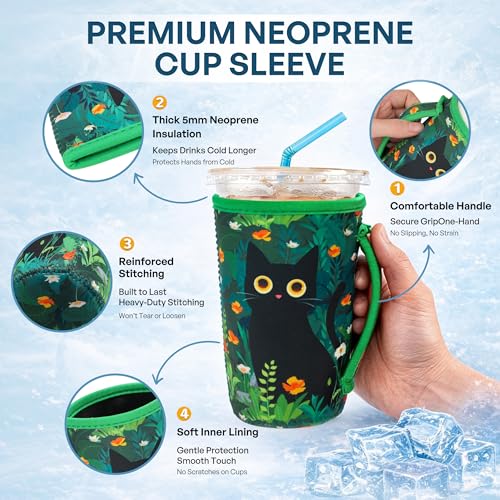 Image of KJQJLY 3 Pack Reusable Iced Coffee Sleeves for Iced Coffee Cups or Drinks Reusable Neoprene Insulated Sleeves for Hot and Cold Drinks from Starbucks, Dunkin, And More (Black Cat)
