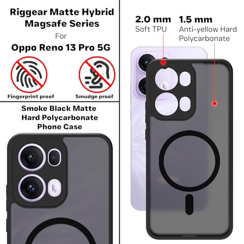 Image of RIGGEAR Shockproof Sleek Hybrid Armor Magnetic Back Cover Case Compatible with MagSafe Accessories for Oppo Reno 13 Pro / Reno13 Pro 5G (Smoke Black Matte PC + Black TPU Bumper)