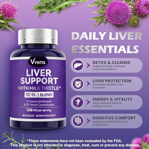 32-in-1 liver cleanse detox amp repair - liver support supplement with milk thistle artichoke extract dandelion root amp beetroot powder for liver health - 1250mg per serving 60 capsules