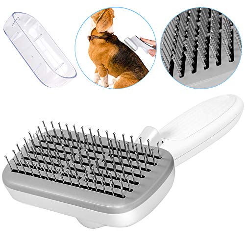 SlowTon Self Cleaning Pet Brush, Steel Wire Slicker Brush Shedding Grooming Tool Comb with Protect Cover, Easy to Remove Loose Hair Tangle Knots, Suitable for Thick Long Hair Middle Large Dog Cat (N)