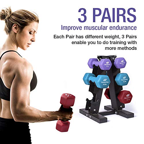 Fitness Alley Neoprene Dumbbells - Free Weights Hex Hand Weights - Dumbbell Pairs Combo Set - 3 Dumbbell Set - (8lbs, 10lbs & 12lbs pairs)- 60 LB - Image 4