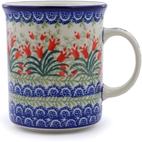 Enchanting Boleslawiec Polish Pottery Mug Adorned with Crimson Bells