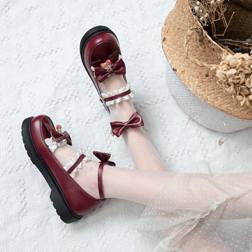 Women's Bow Ankle Strap Platform Lolita Shoes, School Cute Mary Jane Shoes, Dress Closed Toe Flat Mary Jane Kawaii Shoes4