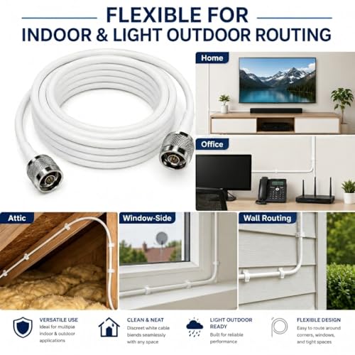 Image of N Male to N Male Coaxial Cable 16.5FT for 4G LTE 5G Antenna Systems | White 50 Ohm low loss 4D-FB RF extension, N male connectors, for signal booster, router, outdoor antenna, RF radio