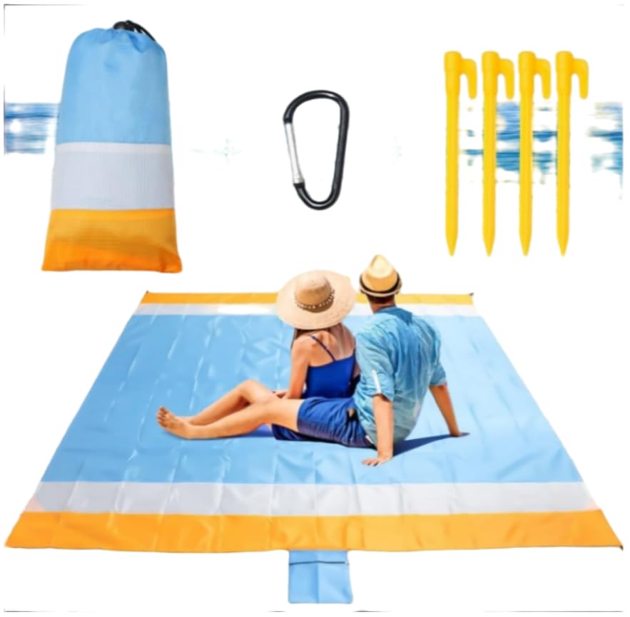 DWILKE Sand Proof Beach Blanket, 200 X 210 cm Large Oversized Waterproof Sandless Beach Mat for 4-8 Adults, Outdoor Lightweight Compact Sand Free Picnic Blanket (200×210 cm, Sky Blue+White+Orange)
