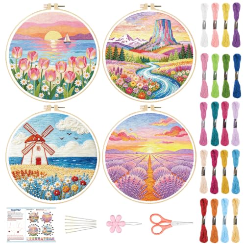 Image of BEUNITONE 4 Set Embroidery Kits for Beginners, Pink Scenery Design with Pre-Stamped Pattern Craft Kits Include Instruction and Hoops, 7.9 inchx7.9 inch Needlepoint Kits for Festival Gifts and Home Decor