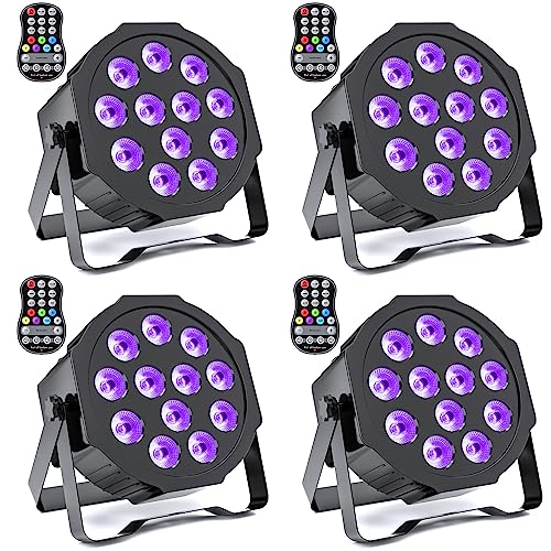 GdjRttk 4 PCS RGBWA UV Akku Bühnenlicht, Wiederaufladbar 12 LED Outdoor Par Licht mit 7 Beleuchtung Modi, 1/3/ 4/6 Timing Akku Strahler Par für Hochzeit Bar DJ Show Disco Halloween Weihnachten