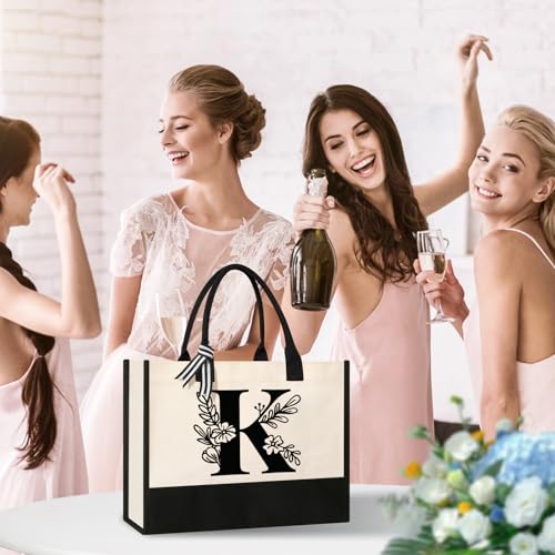 Image of Tecanne Personalized Initial Canvas Tote Bag, Suitable for Birthday, Wedding, Beach, Holiday, Gifts for Women, Mom, Teachers, Nurses, Best Friends, Bridesmaids (K)