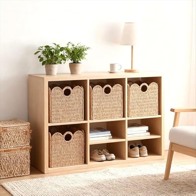 Scalloped Wicker Storage Cubes Basket, 12¡±x12¡° Heavy Duty Paper rope/Hyacinth/Seagrass Baskets for Shelves, Foldable Natural Boho Square Bins (Paper Rope, 12 x 12 x 12in, 4-Pack)