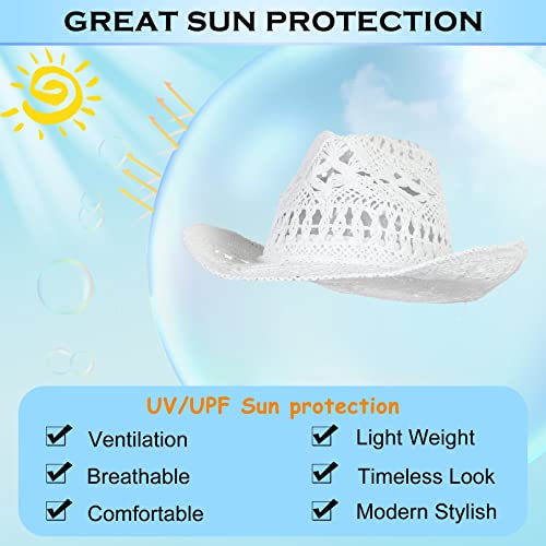 Image of Men & Women's Summer Cowboy Cowgirl Straw Hat Hollow Out Woven Roll Up Wide Brim Sun Hat with Chin Strap