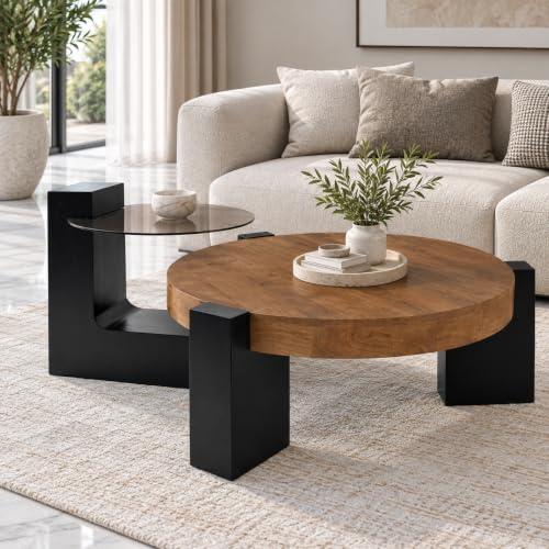 Image of The Attic Josephine Coffee Table Set, Glass Coffee Table, Wooden Centre Table, Modern Table for Living Room