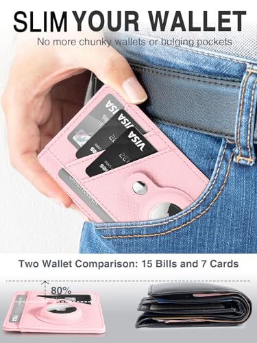 Minimalist Wallet with AirTag Holder Credit Card Holder Slim Wallet for Women, Leather Front Pocket Wallet Compact Small Card Holder Travel Thin Card Case ID Window RFID Blocking Card Organizer (Pink)4