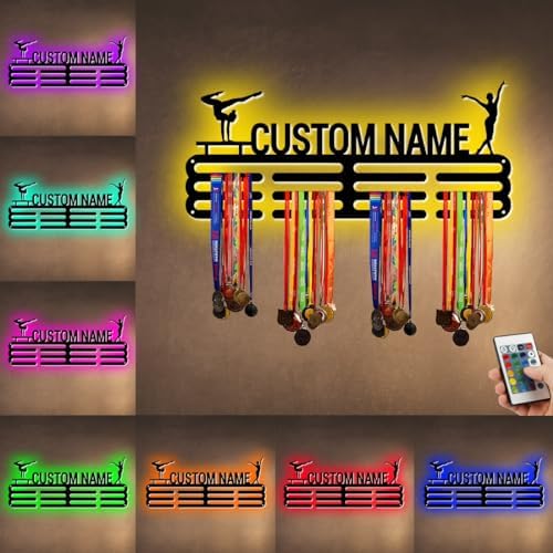 Personalized Metal Gymnastics Medal Hanger Holder Display Rack for Awards Ribbons With Led Light- Custom Sports Medal Holder for Wall,Medal Hanger Display Award Rack With Boy Girl Kid's Name