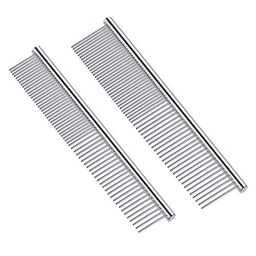2PCS Pet Steel Combs, Dog Cat Combs with Stainless Steel Rounded Teeth, Grooming Comb For Pets with Different Lengths of Hair