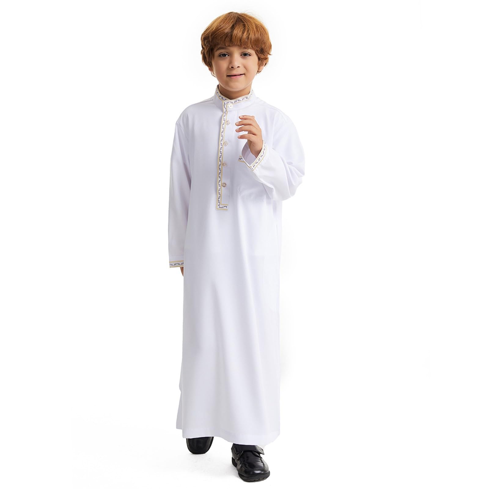 Eid ubrania dla chłopców biała Thobe muzułmańska szata z długim rękawem zapinana na guziki chłopcy Jubba z kieszeniami kaftan haftowana odzież narodowa Abaya dla dzieci na prezenty Eid i piątkowe