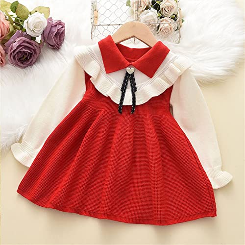 KAGAYD Kids Girls Patchwork Knit Dress Toddlers Fall Winter Bow Tie Long Sleeve Ruffled Sweater Girl Fall Winter2