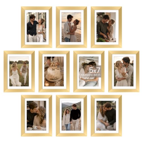 Image of upsimples 5x7 Picture Frame Set of 10, Display Pictures 4x6 with Mat or 5x7 Without, Multi Photo Frames Collage for Wall or Tabletop Display, Gold | Fit 4x6 and 5 x 7 Photos, Wall or Tabletop Display, For Gallery Hallway Living Room, For Christmas Mother's Day Wedding