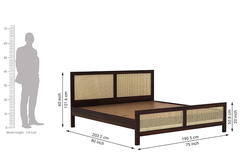 Image of Sheesham Wood King Size Bed Without Storage for Bedroom, Wooden Cane Furniture Hotel & Guest House (80x75x40 inch)