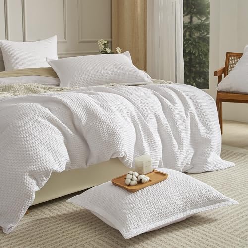 SE SOFTEXLY Waffle Duvet Cover Queen, 100% Cotton Waffle Weave Bedding Duvet Cover Set, Soft and Breathable Comforter Cover for All Season, 3 Pieces Including Pillow Shams(White, 90”x90”)