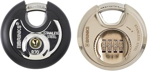 BRINKS - Candado de disco con llave de acero inoxidable comercial de 2.756 in - Cuerpo de acero inoxidable con grillete de acero inoxidable y