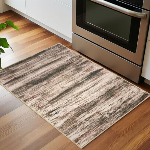 KOZYFLY Modern Abstract Small Area Rugs, 2x3 Washable Kitchen Rug Non-Slip Soft Small Bathroom Rug, Blush Brown Striped Entryway Rugs Abstract Print Faux Wool Doormat for Bedside Entrance Bedroom Sink
