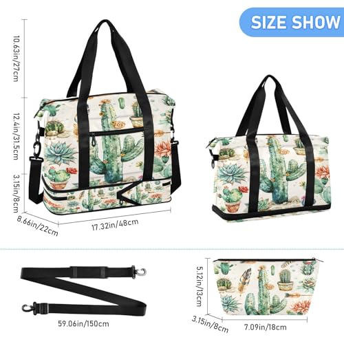 Vintage Cactus Gym Bag for Women Sport Travel Duffel Bag Shoulder Weekender Overnight Bags with Wet Pocket & Shoe Compartment3