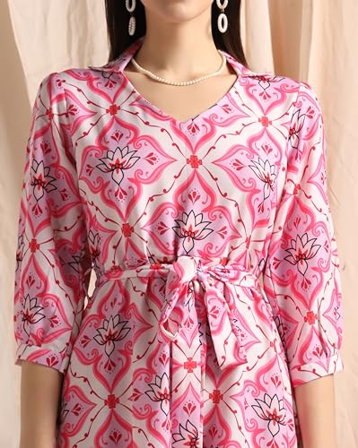Image of Leriya Fashion Dresses for Women Crepe Abstract Print Belt Waisted High N Law with Ruffled Hem in Wrap-Up Western Dress Shopping College Holidays Office Wear Casual Dress for Girls