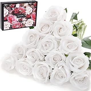 Cloudecor 15Pcs Artificial Roses Velet Real Touch Single Stem Fake Rose Silk Realistic Flowers Bridal Bouquet Arrangements Home Office Garden Grave Party Wedding Decoration (Blue-15p)