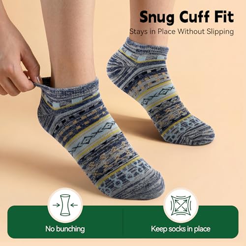Image of Womens Ankle Socks Breathable Cotton Blend - Soft Stretchy No-Slip Fit, Seamless Toe, Ethnic Jacquard Design, Cozy Daily & Travel Socks, Fits US 6-11