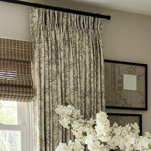 Image of TWOPAGES Pinch Pleat Leaf Print Curtain, Stone, 100W x 90L, 1 Panel