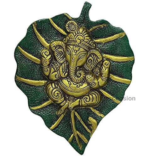 Image of ascension Ganpati Metal Green Lord Leaf Ganesh Idol Patta Statue Decorative Wall Hanging Showpiece Figurine (Green & Golden)