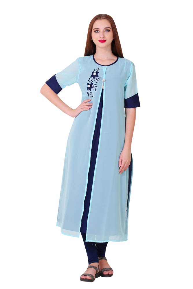 Spendworth Sky and Blue Zeorgette Layered Straight Kurti with Hand Made Flower Zari Work Embroidery with Front Slit and Brotch on Front