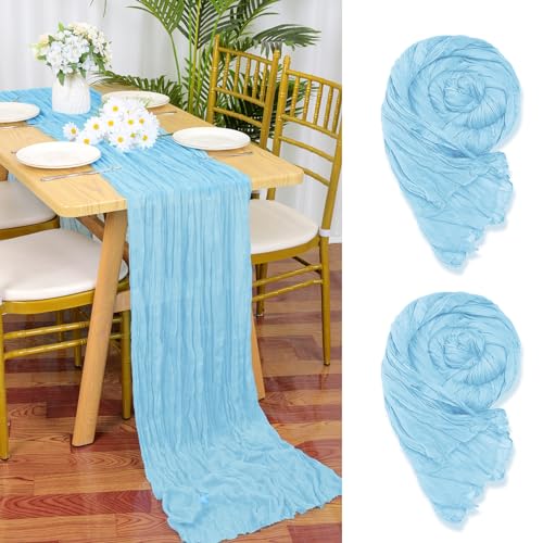 YMHPRIDE 2 Packs Cheesecloth Table Runner Baby Blue, 90x300cm Light Blue Rustic Gauze Fabric Boho Table Runner, Cheesecloth Wedding Table Decor for Wedding Party Bridal Shower Table Decorations