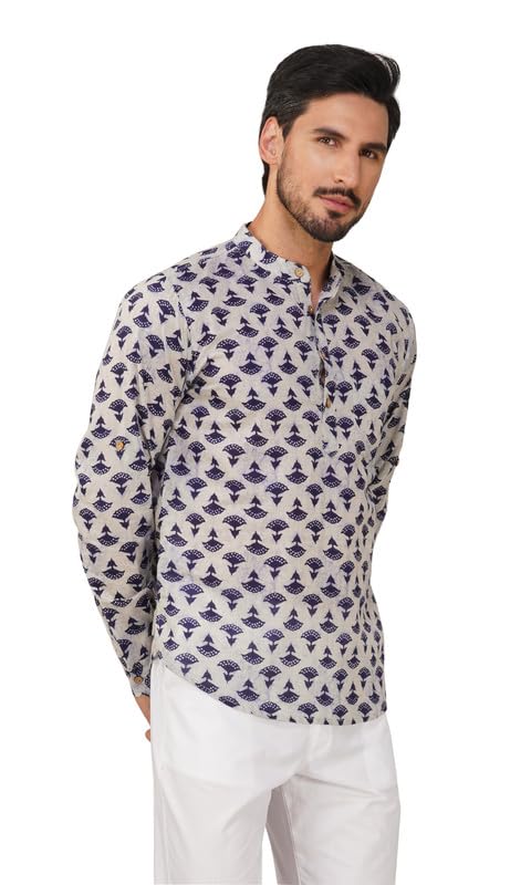 Image of Vastraa Fusion Men's Handloom Weaving Pure Cotton Short Kurta, Round Collar, Full Sleeves,Button Kurta, Ethnic Wear
