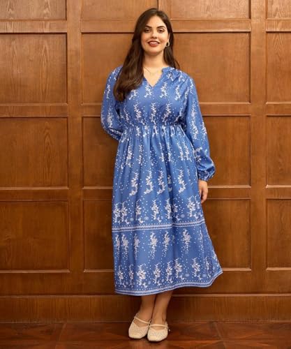 Image of TIYOMI Womens Plus Size Dresses Fall Long Sleeve Maxi Dresses V Neck Floral Spring Party Dress with Pockets XL-5XL (14W-28W)