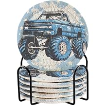 Cup Coasters for Drinks Blue Monster Truck Racing Coasters Set of 6, Absorbent Coaster with Holder Cotton Woven Coaster for Coffee Wooden Table Home Decor