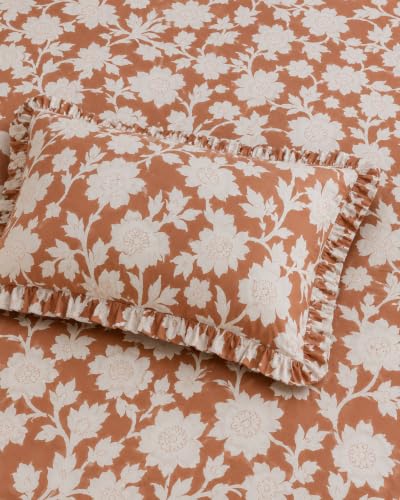 Image of 380 TC Premium Glace Cotton Elastic Fitted Bedsheet King Size with 2 Pillow Covers King Size | Double Bed with All Around Elastic (Brown Floral, Fitted Queen-60x78)