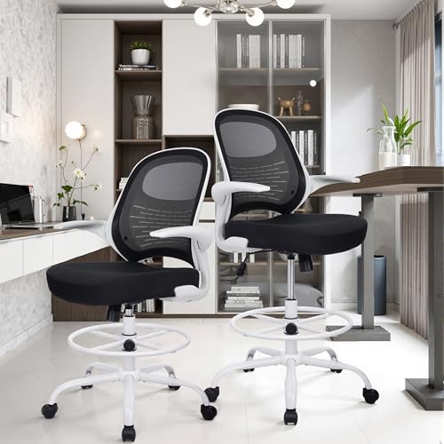 Image of HYLONE Tall Drafting Chair Standing Desk Chair with Flip-Up Armrests, Adjustable Height Ergonomic Office Chair with Footrest Ring - High Stool Chair for Standing Desk (Black Mesh&White Base)