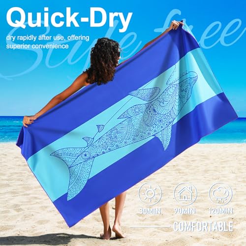 Genovega Microfiber Lightweight Thin Beach Towel Compact Clearance Towels Quick Dry Sandproof Sand Free Swim Pool Camping Blanket Travel Essentials Accessories Vacation Women Men Adults Shark Stripes
